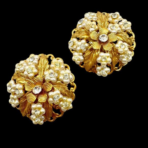 Leru Vintage Crystal Clip On Earrings Cluster Pearl Gold Chunky Signed 1950s - Picture 1 of 11